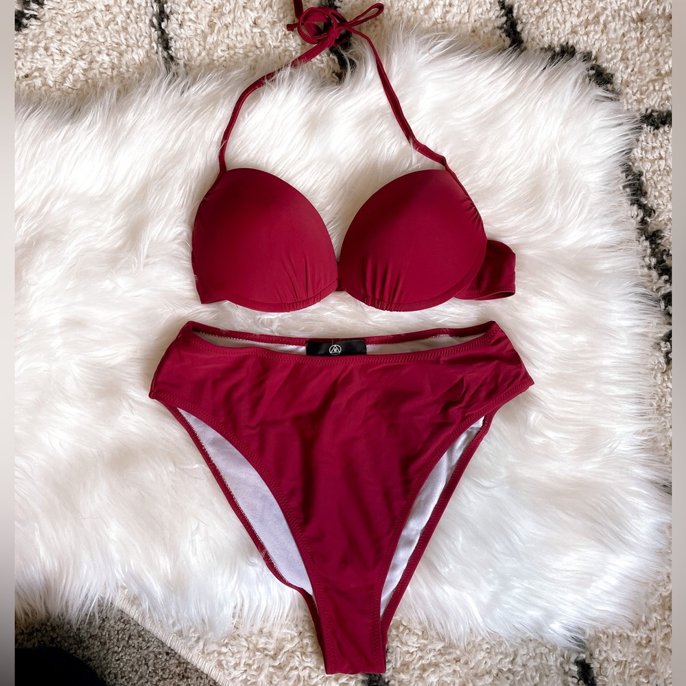 MISSGUIDED NWOT Burgundy Bikini Set - Underwire Push Up + High Leg High Waisted